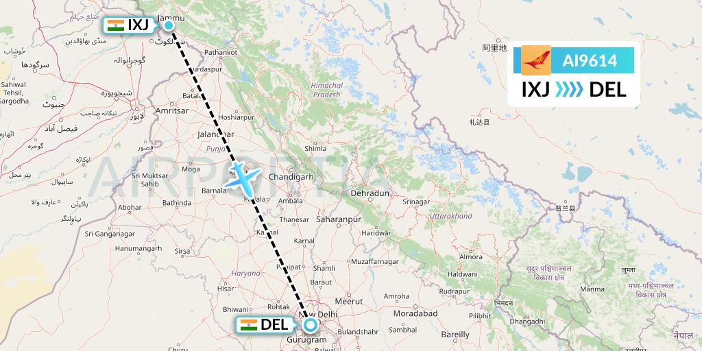 AI9614 Air India Flight Map: Jammu to Delhi