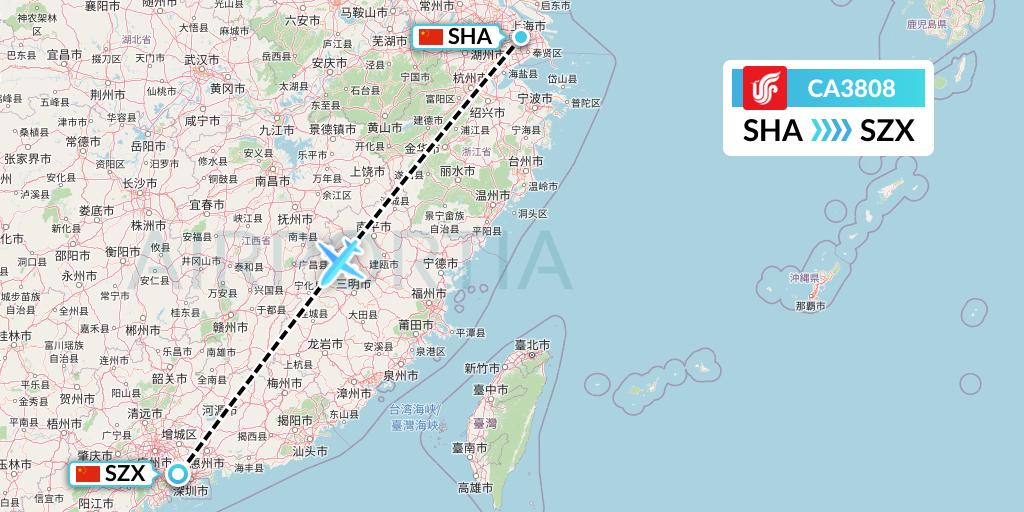 CA3808 Air China Flight Map: Shanghai to Shenzhen