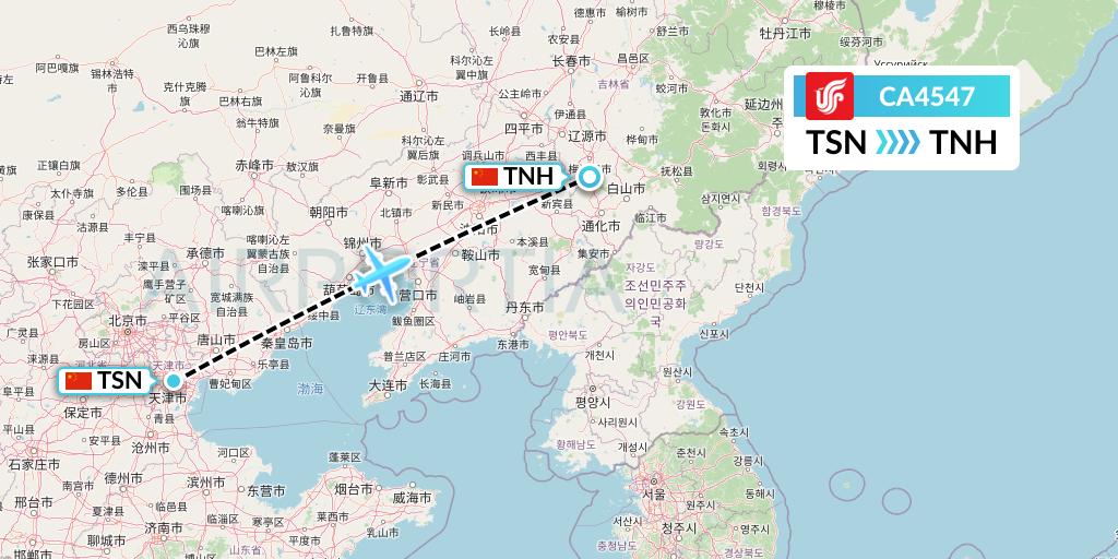 CA4547 Air China Flight Map: Tianjin to Tonghua