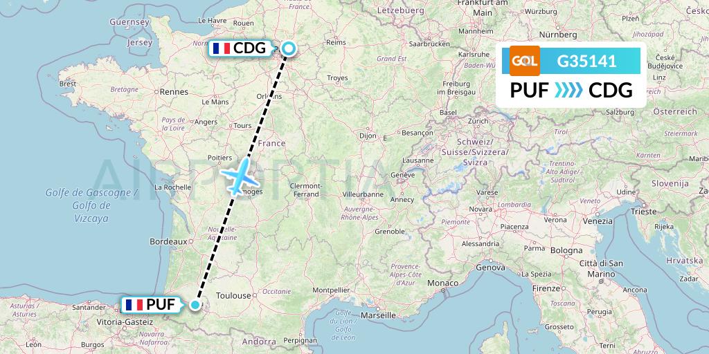 G35141 GOL Transportes Aeros Flight Map: Pau to Paris