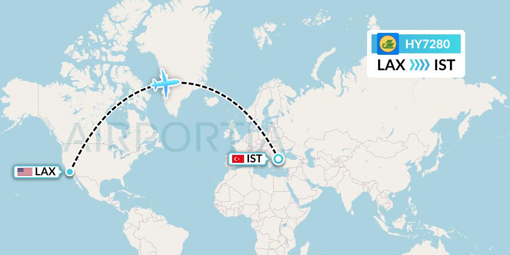 HY7280 Uzbekistan Airways Flight Map: Los Angeles to Istanbul