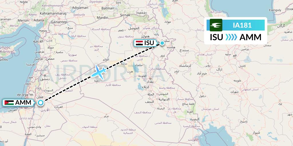 IA181 Iraqi Airways Flight Map: Sulaimaniyah to Amman