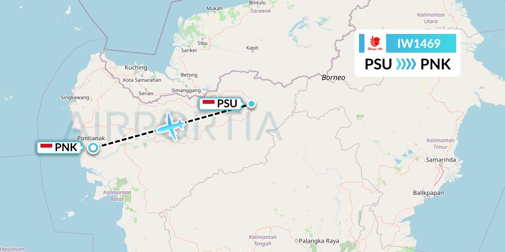 IW1469 Wings Air Flight Map: Putussibau-Borneo Island to Pontianak