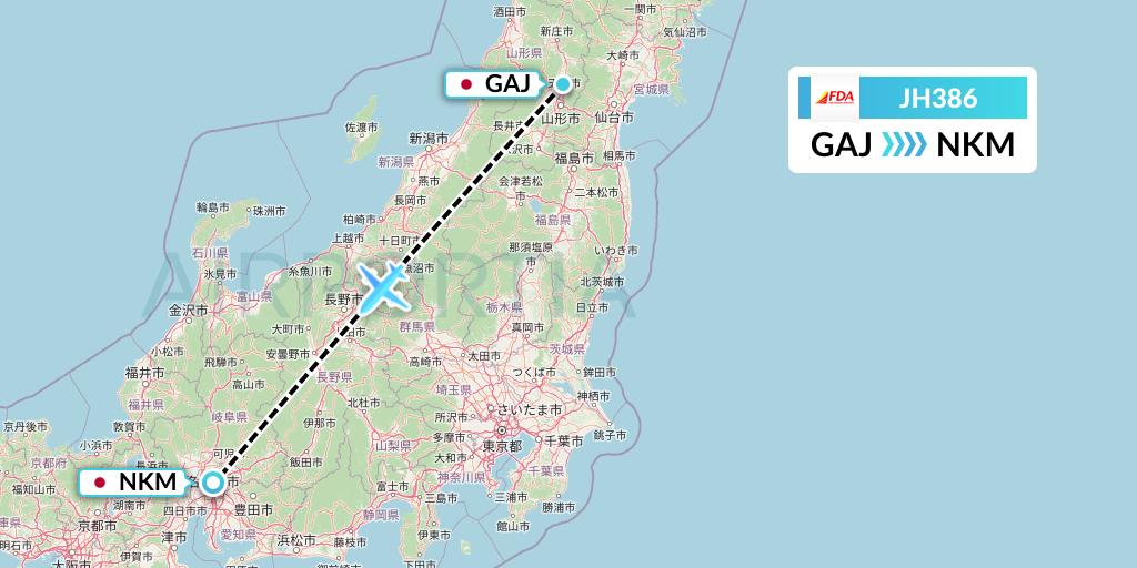 JH386 Fuji Dream Airlines Flight Map: Yamagata to Nagoya