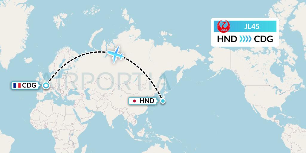 JL45 Japan Airlines Flight Map: Tokyo to Paris