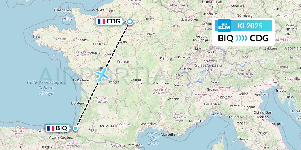 KL2025 KLM Flight Map: Biarritz to Paris