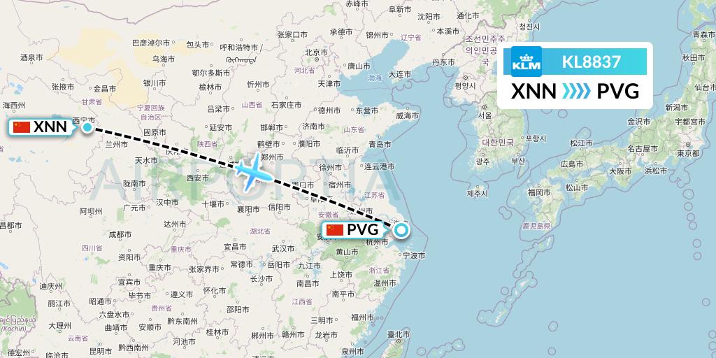 KL8837 KLM Flight Map: Xining to Shanghai