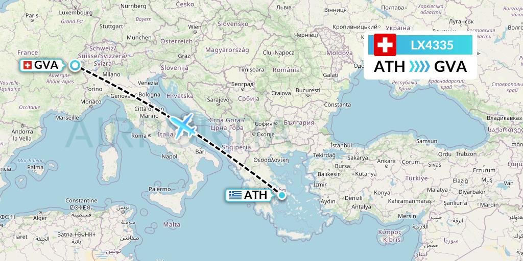 LX4335 Swiss Flight Map: Athens to Geneva