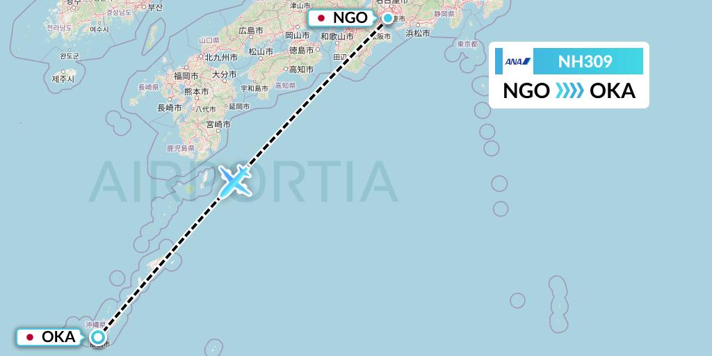 NH309 All Nippon Airways Flight Map: Nagoya to Naha