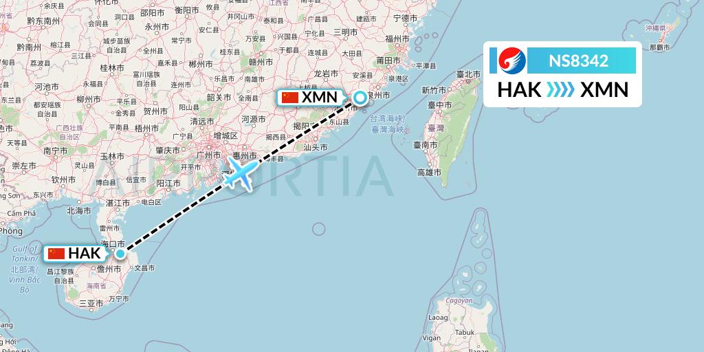 NS8342 Hebei Airlines Flight Map: Haikou to Xiamen