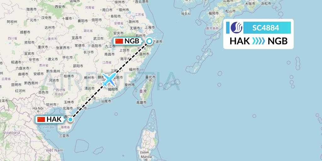 SC4884 Shandong Airlines Flight Map: Haikou to Ningbo