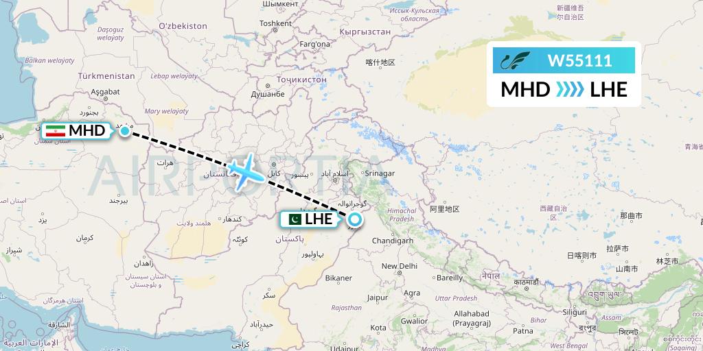 W55111 Mahan Air Flight Map: Mashhad to Lahore