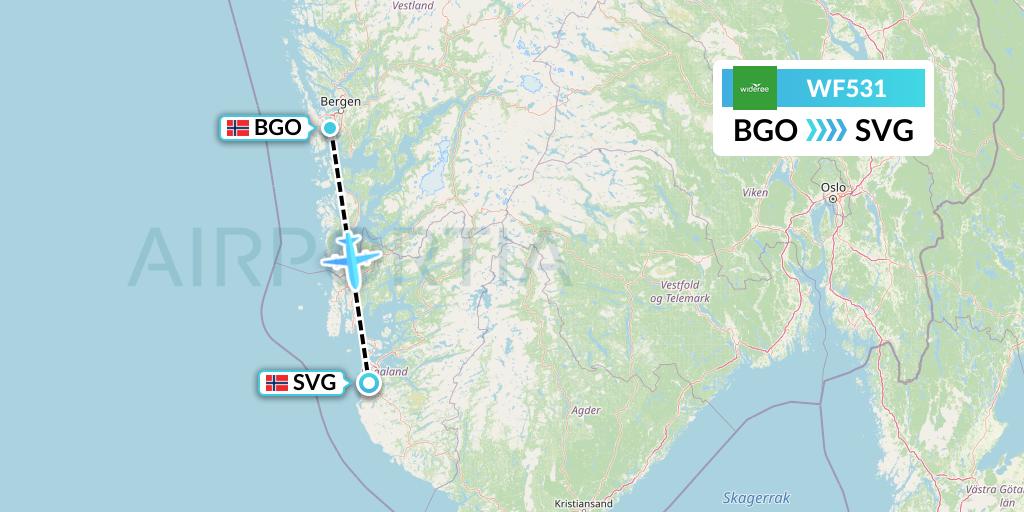 WF531 Wideroe Flight Map: Bergen to Stavanger