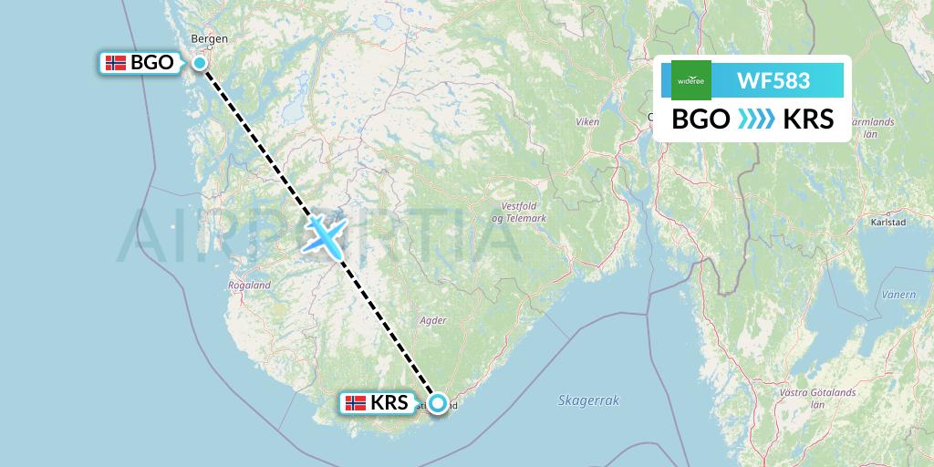 WF583 Wideroe Flight Map: Bergen to Kristiansand
