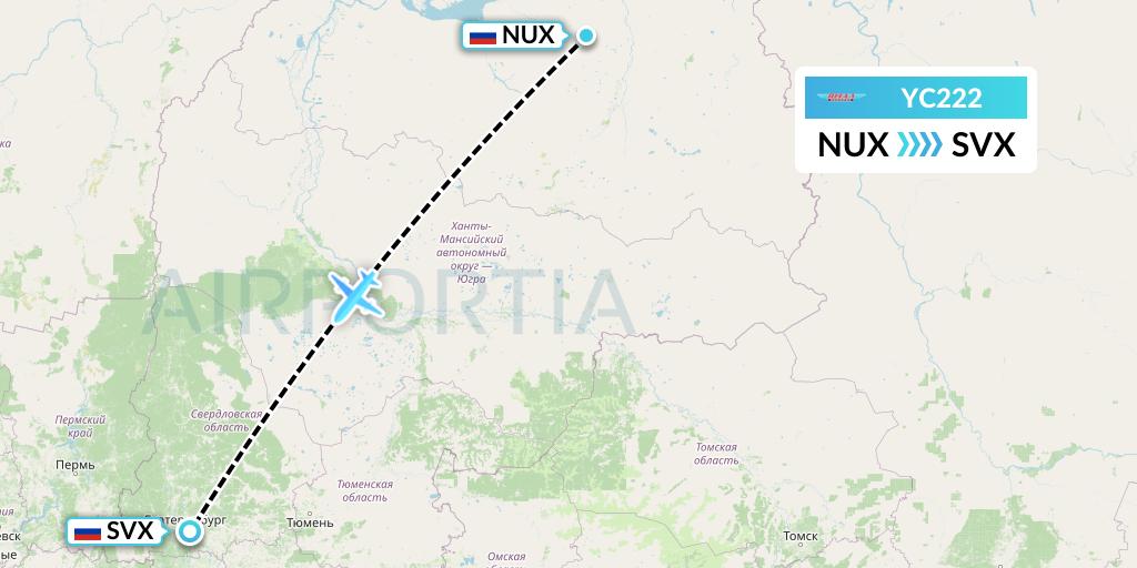YC222 Yamal Airlines Flight Map: Novy Urengoy to Yekaterinburg