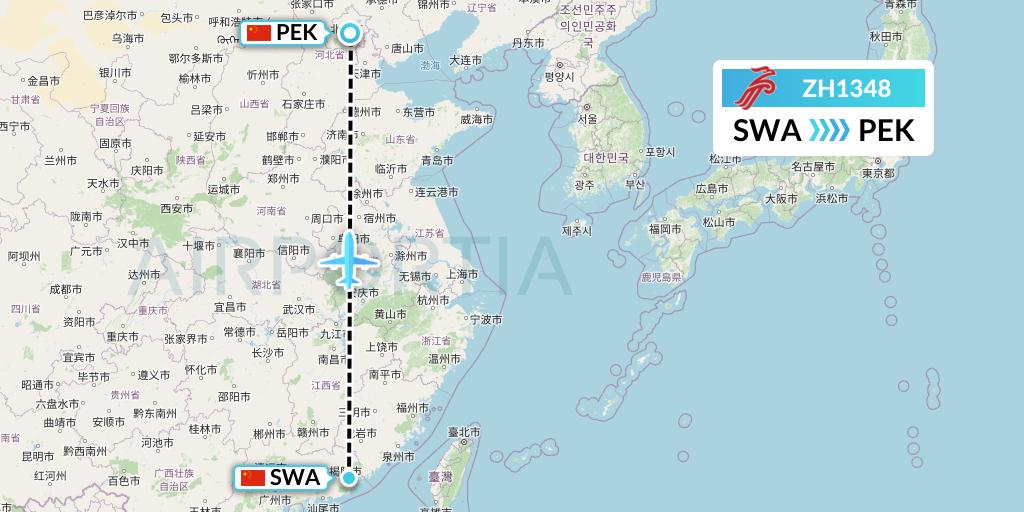 ZH1348 Shenzhen Airlines Flight Map: Jieyang to Beijing