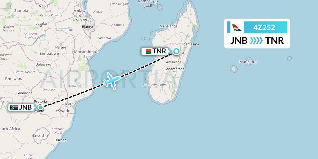 4Z252 Airlink Flight Map: Johannesburg to Antananarivo