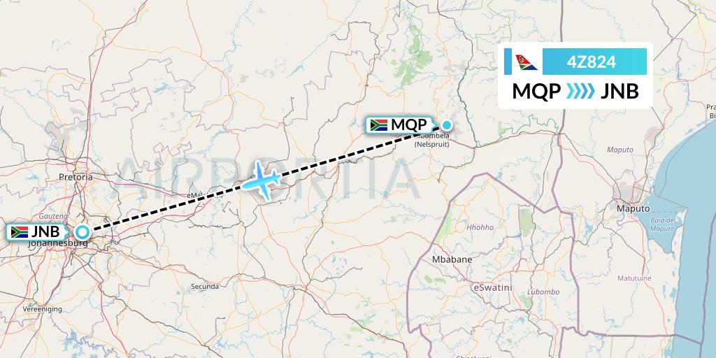 4Z824 Airlink Flight Map: Nelspruit to Johannesburg