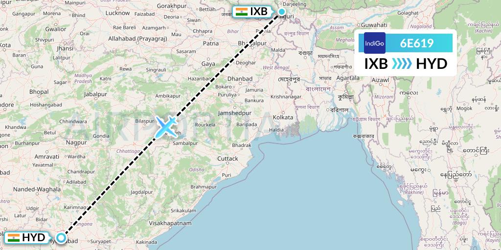 6E619 IndiGo Airlines Flight Map: Siliguri to Hyderabad