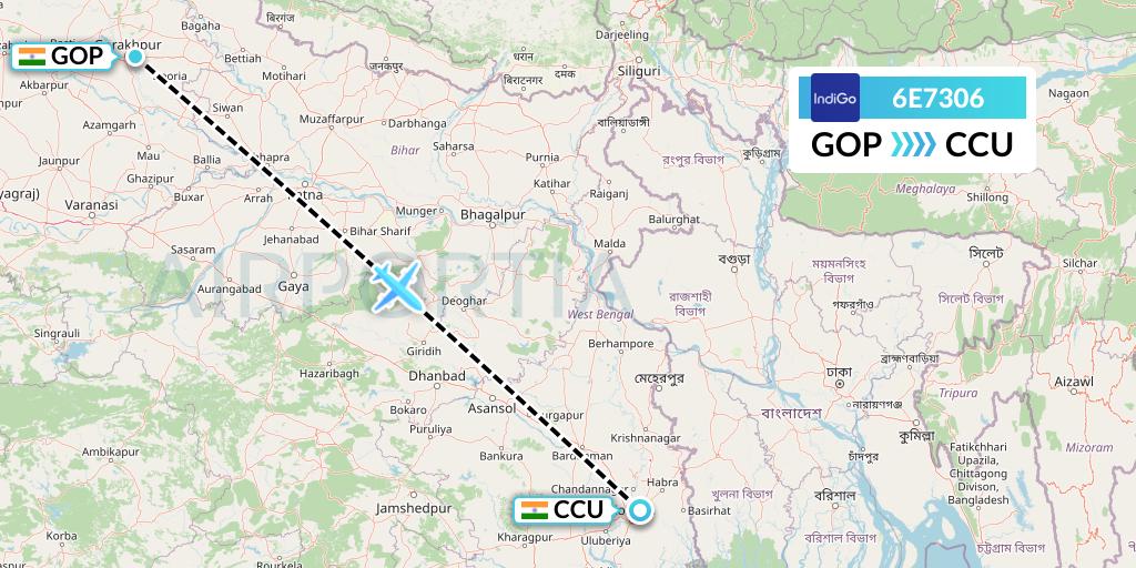 6E7306 IndiGo Airlines Flight Map: Gorakhpur to Kolkata