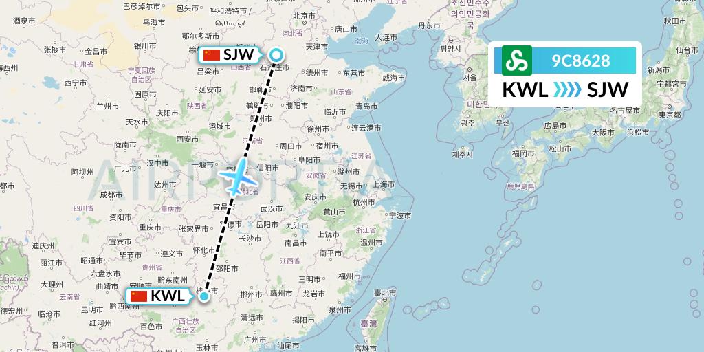 9C8628 Spring Airlines Flight Map: Guilin to Shijiazhuang