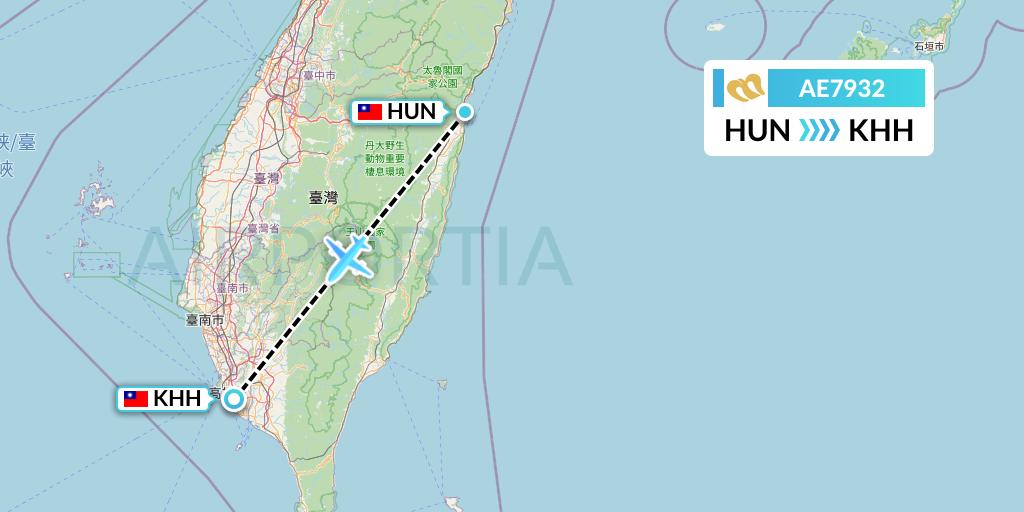 AE7932 Mandarin Airlines Flight Map: Hualien to Kaohsiung