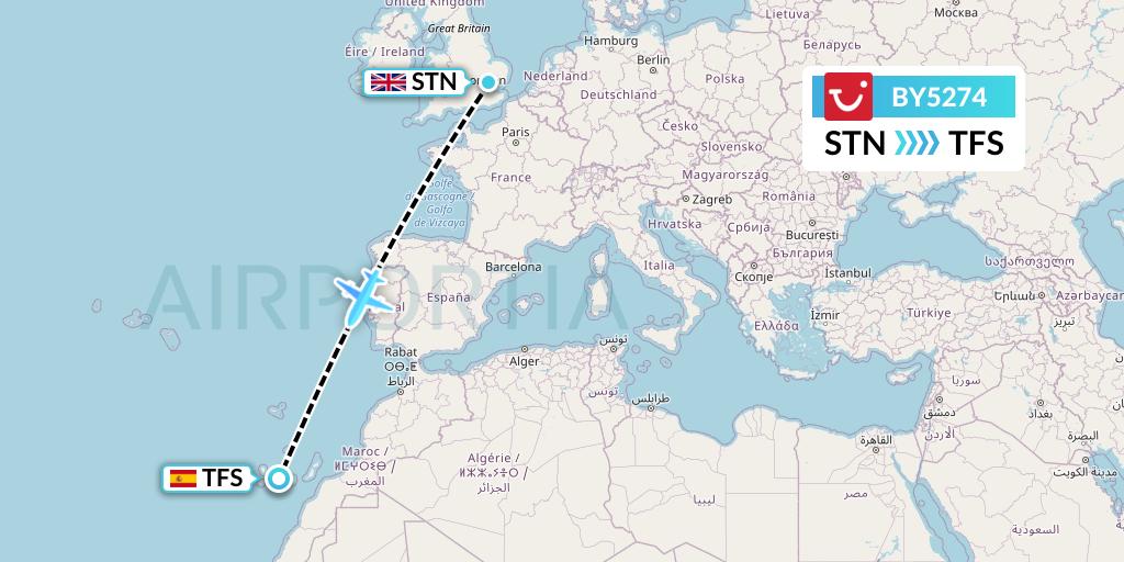 BY5274 TUI Airways Flight Map: London to Tenerife