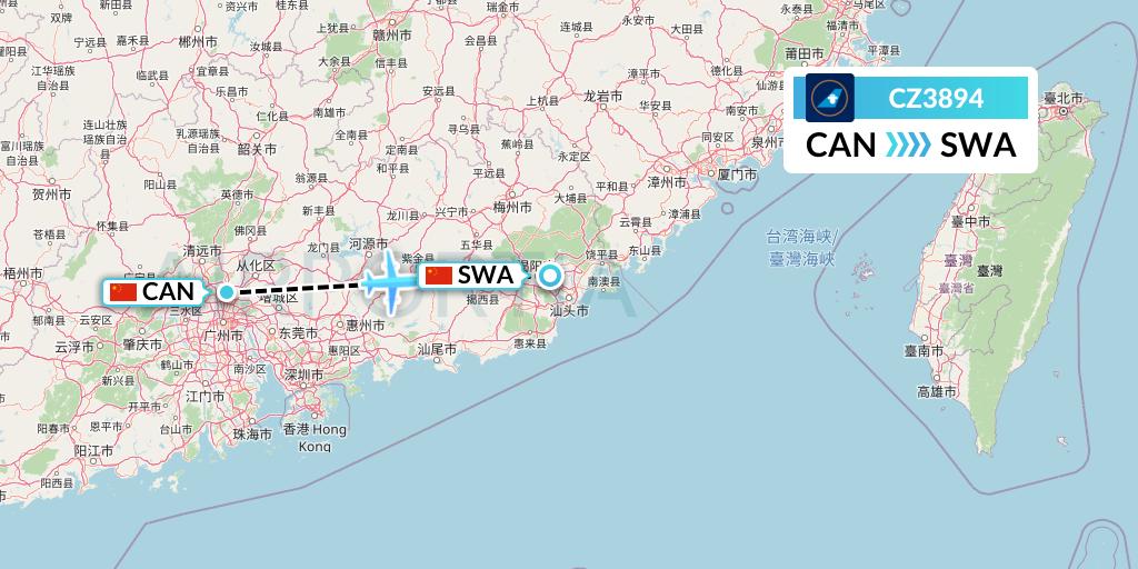 CZ3894 China Southern Airlines Flight Map: Guangzhou to Jieyang