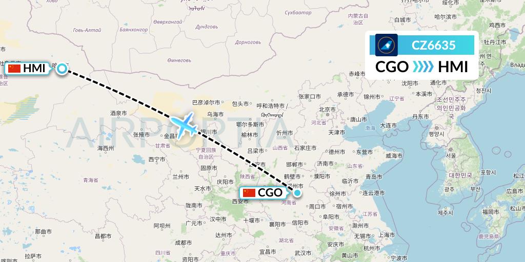 CZ6635 China Southern Airlines Flight Map: Zhengzhou to Hami City