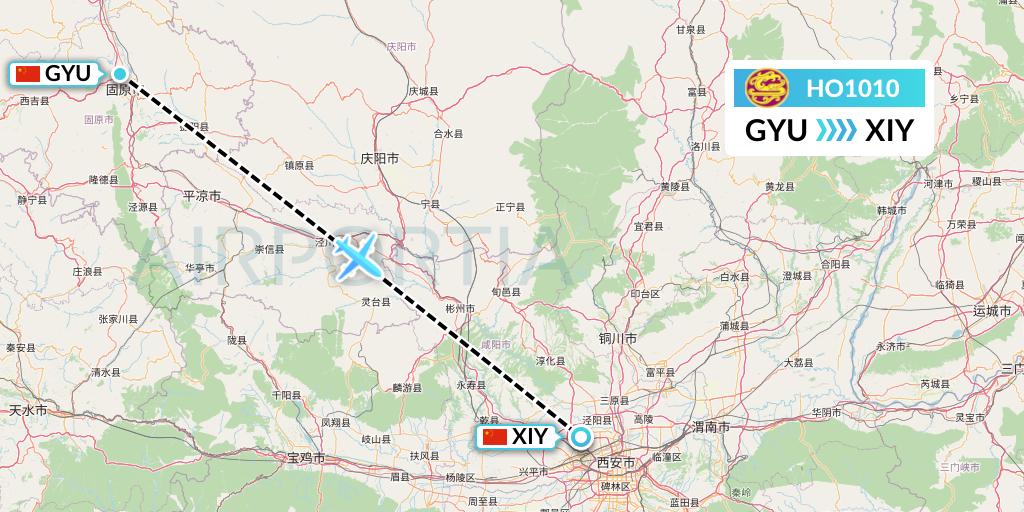 HO1010 Juneyao Airlines Flight Map: Guyuan to Xi'an