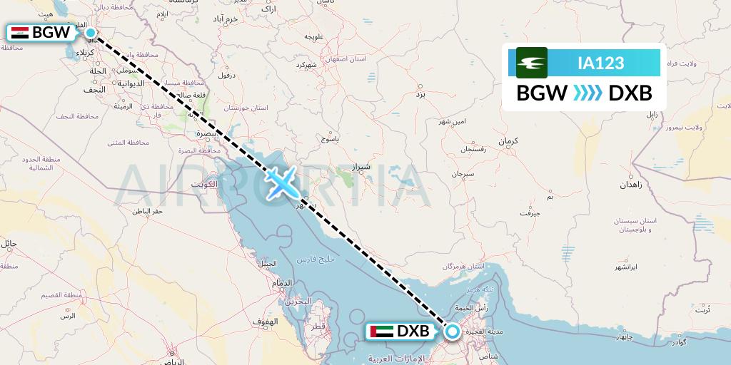 IA123 Iraqi Airways Flight Map: Baghdad to Dubai