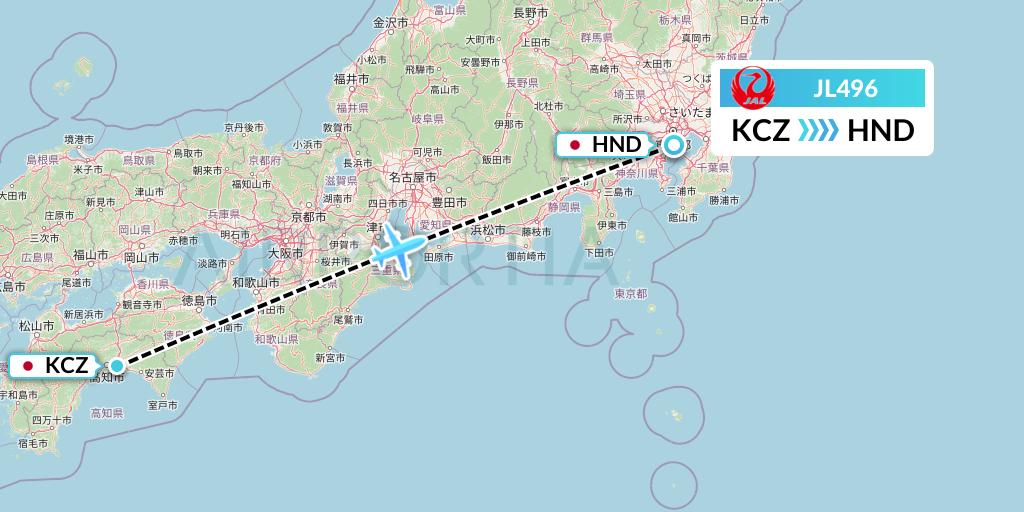 JL496 Japan Airlines Flight Map: Nankoku to Tokyo