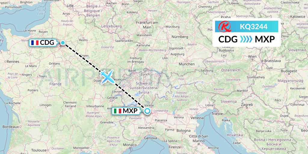 KQ3244 Kenya Airways Flight Map: Paris to Milan