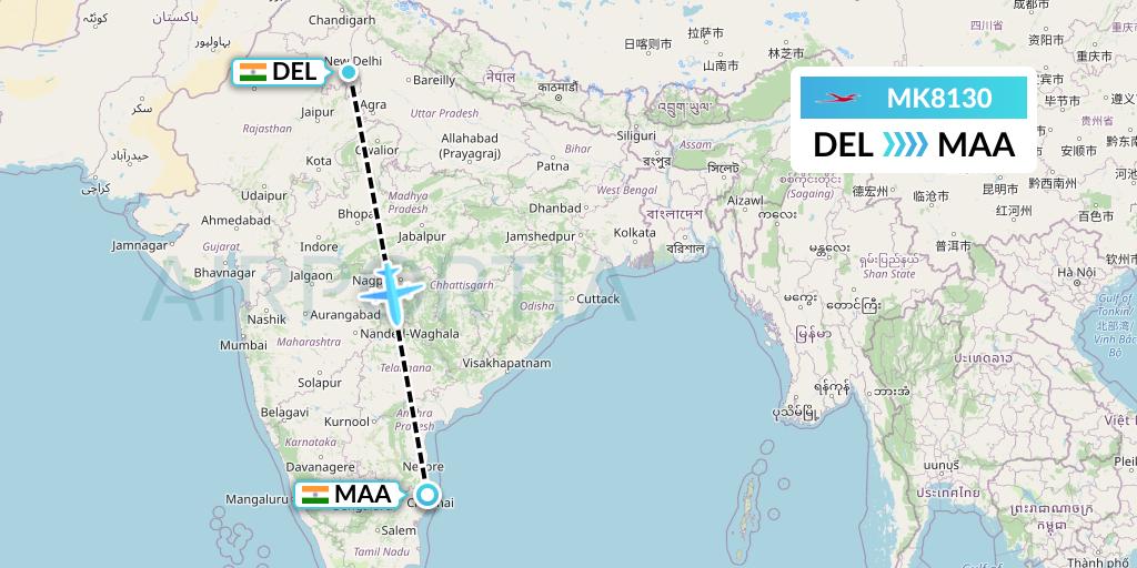 MK8130 Air Mauritius Flight Map: Delhi to Chennai