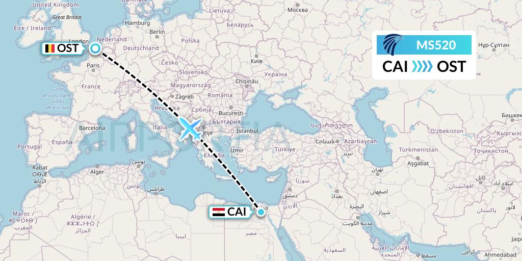 MS520 EgyptAir Flight Map: Cairo to Ostend
