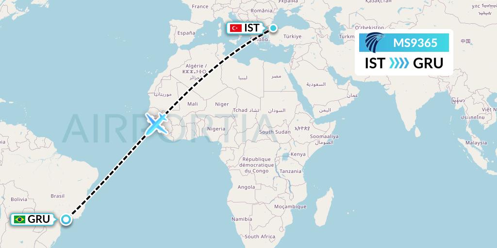 MS9365 EgyptAir Flight Map: Istanbul to Sao Paulo