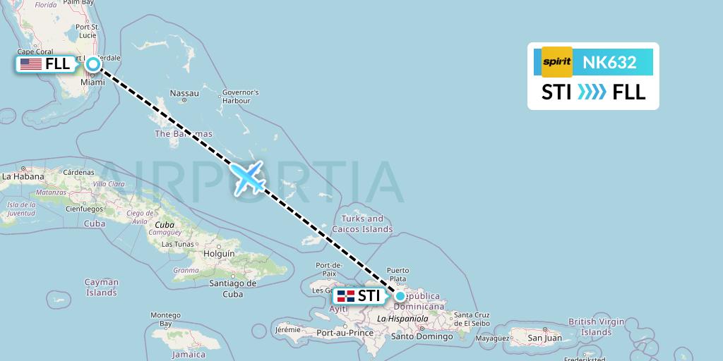 NK632 Spirit Airlines Flight Map: Santiago de los Caballeros to Fort Lauderdale