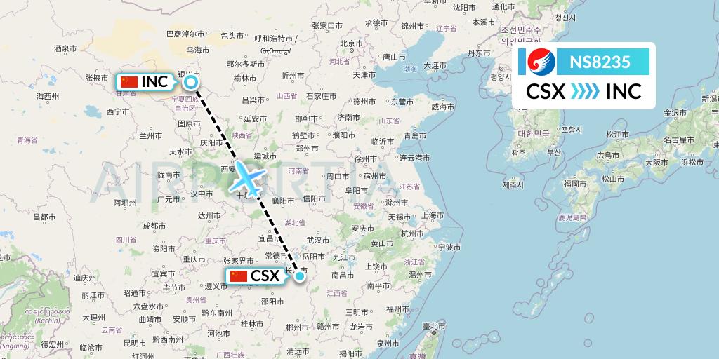 NS8235 Hebei Airlines Flight Map: Changsha to Yinchuan