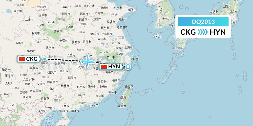 OQ2013 Chongqing Airlines Flight Map: Chongqing to Huangyan