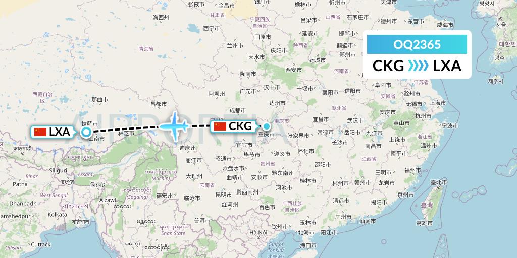 OQ2365 Chongqing Airlines Flight Map: Chongqing to Lhasa