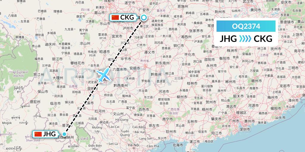 OQ2374 Chongqing Airlines Flight Map: Jinghong to Chongqing