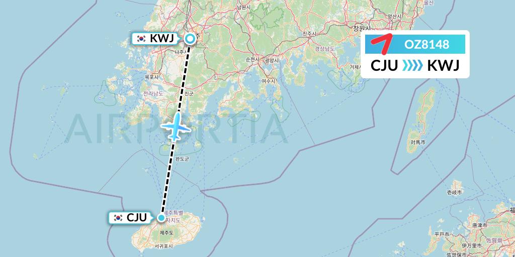 OZ8148 Asiana Airlines Flight Map: Jeju to Gwangju