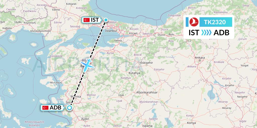 TK2320 Turkish Airlines Flight Map: Istanbul to Izmir