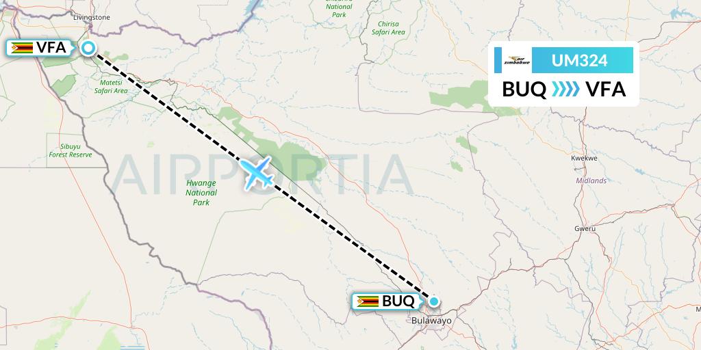 UM324 Air Zimbabwe Flight Map: Bulawayo to Victoria Falls