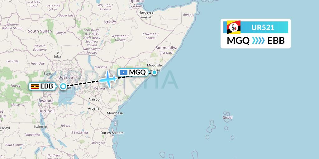 UR521 Uganda Airlines Flight Map: Mogadishu to Entebbe