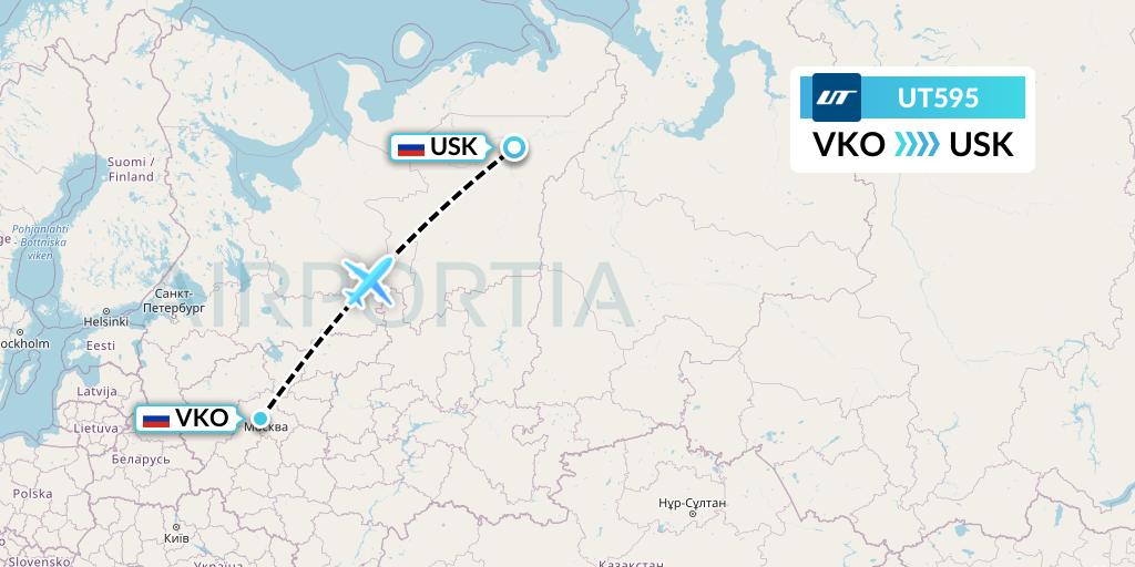 UT595 UTair Flight Map: Moscow to Usinsk
