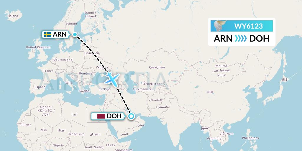 WY6123 Oman Air Flight Map: Stockholm to Doha