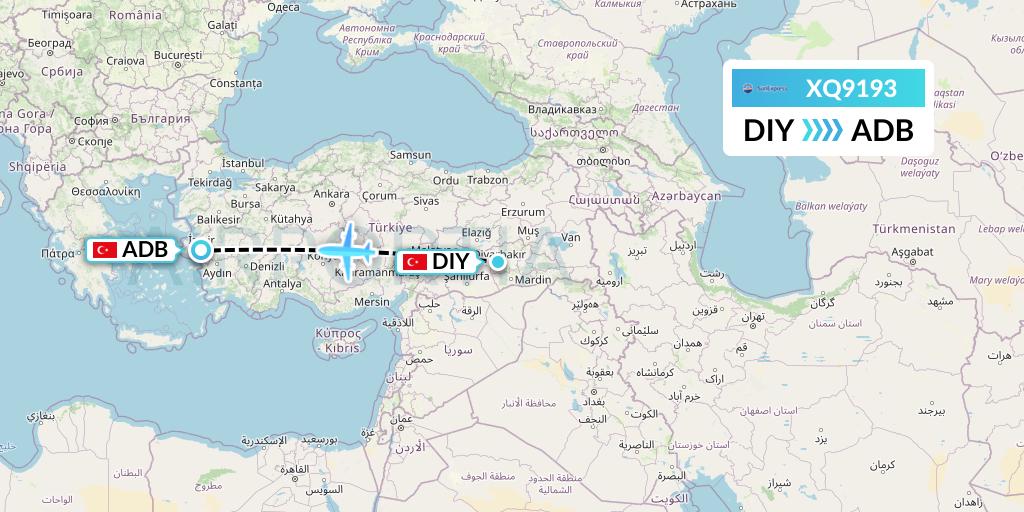 XQ9193 SunExpress Flight Map: Diyarbakir to Izmir