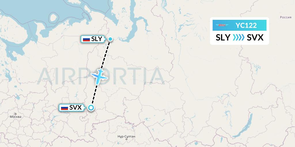 YC122 Yamal Airlines Flight Map: Salekhard to Yekaterinburg