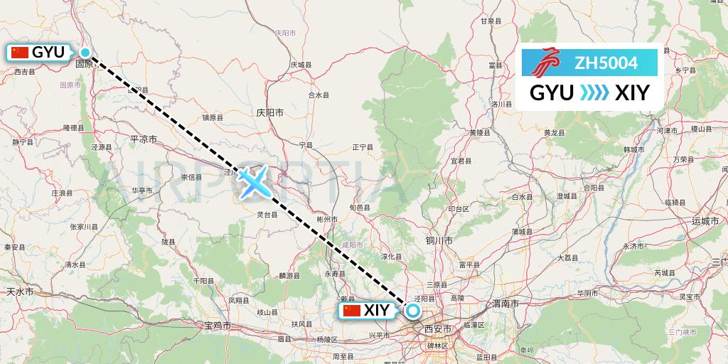 ZH5004 Shenzhen Airlines Flight Map: Guyuan to Xi'an